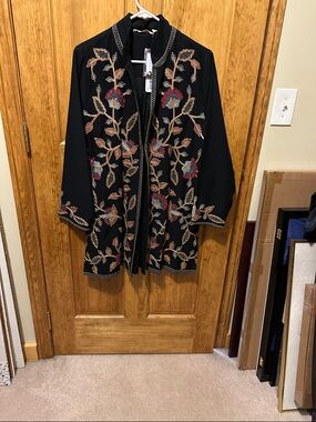 Soft Surroundings Black Embroidered Floral Trench Coat